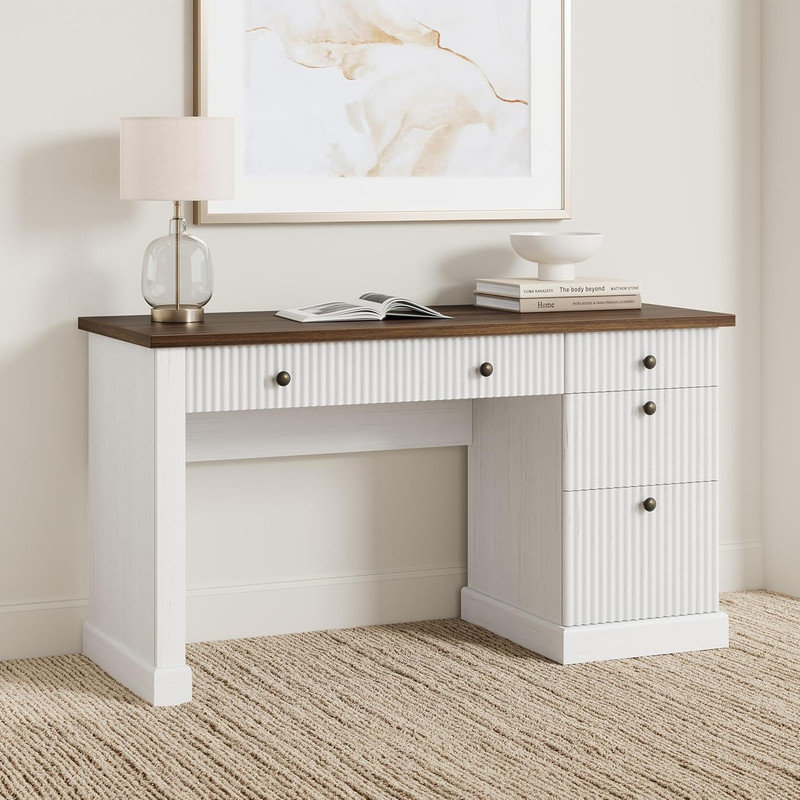 54" Fluted Home Office Desk with Charging Station, Modern Executive Computer Desk with File Cabinet, Brown/White
