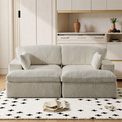 White Corduroy Double Sleeper Sofa Bed with Memory Foam – Modular Sectional, No Assembly, Space-Saving Design