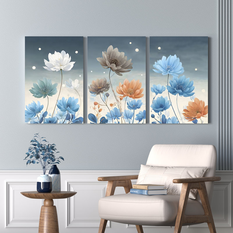 «Blue and Orange Floral», ensemble de 3 reproductions botaniques abstraites sur toile, H 36 po x l 72 po