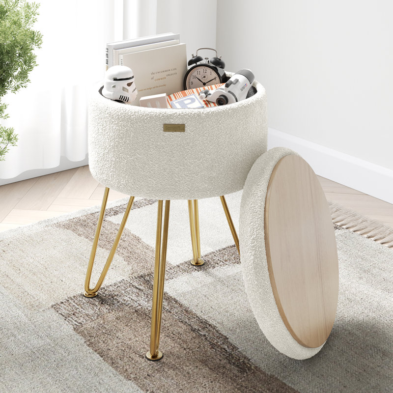 Modern Round Storage Ottoman Side Table, Gold, White boucle 