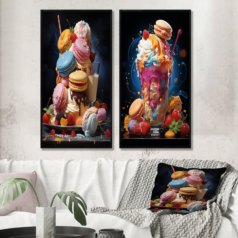 «Whimsical Sweets Macaron - Desserts», ensemble d'art mural sur toile, Cadre noir, H 28 po x l 25 po