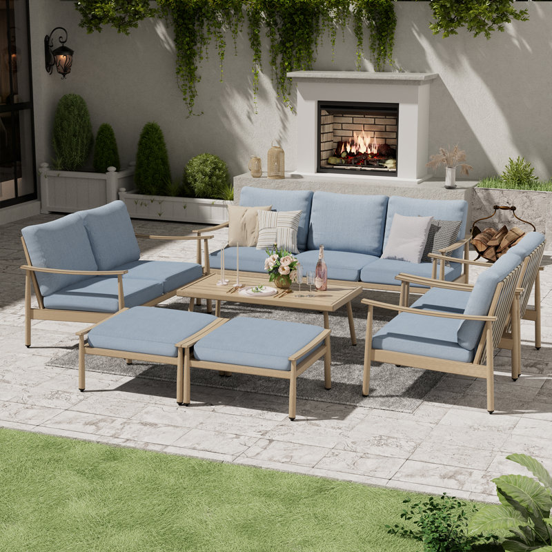 Mariene 7 - Person Patio Conversation Set with Cushions, Blue, Brown