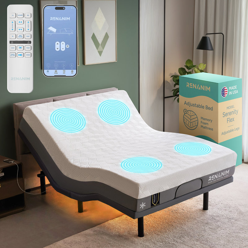 Lit réglable Renanim SerenityFlex avec matelas en mousse à mémoire de forme de 12 po, massage, USB, télécommande et application