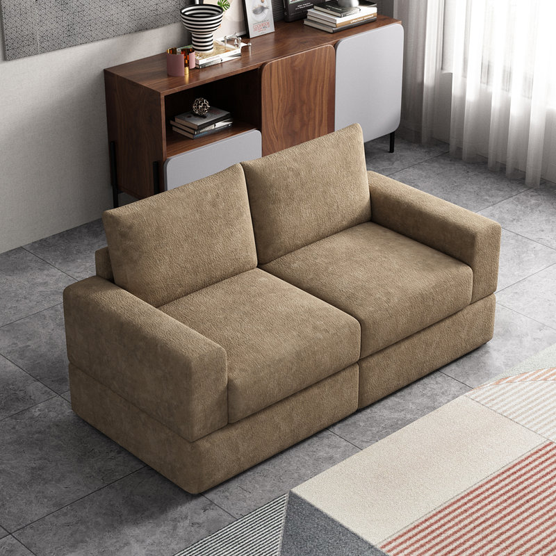 190Cm Cotton Square Arms Standard Sofa , Brown