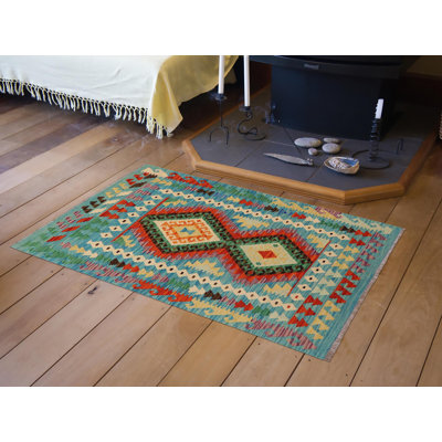 Tapis bleu / jaune / beige à motif géométrique en laine tissé à plat et rectangulaire 3 pi 4 po x 4 pi Thomaston