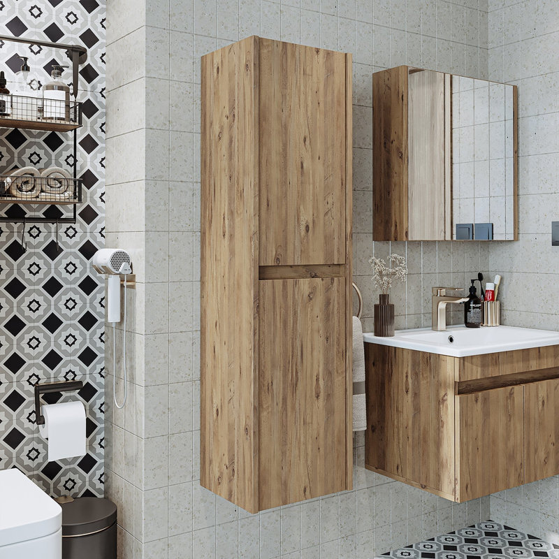 Ruarie Tall Bathroom Towel Storage Cabinet, Oak