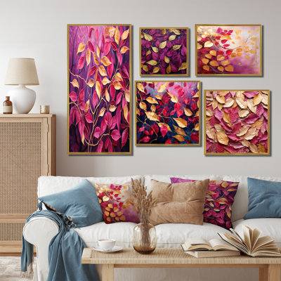 Feuilles dorées et roses avec feuillage - Ensemble de 5 décorations murales feuilles