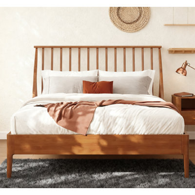 Solid Bamboo Wood Spindle Platform Bed with 46.5" Tall Headboard