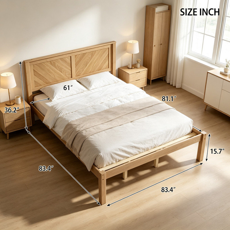 Lit plateforme en chêne massif naturel de taille Queen – Adopte un design à chevrons de style campagnard avec une tête de lit en bois à chevrons, offre un espace de rangement sous le lit et ne nécessite pas de sommier.