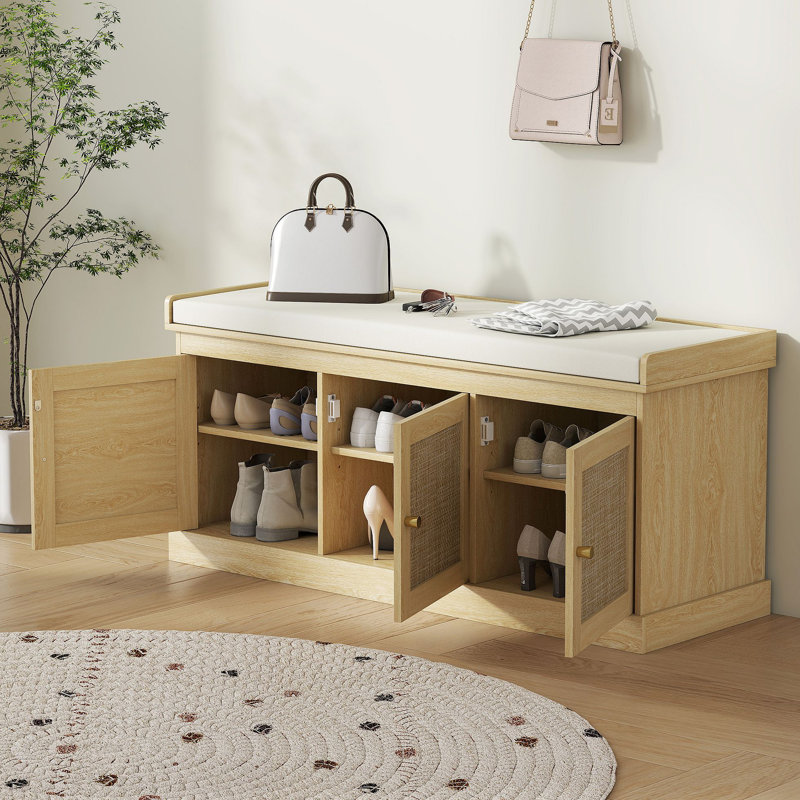 Banc de rangement pour chaussures avec rotin tissé, banc pour chaussures avec coussin, tablettes réglables, banc d'entrée pour chambre à coucher, salon