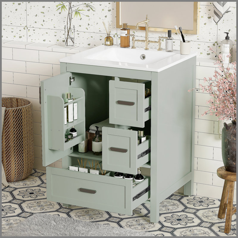 Meuble-lavabo moderne de 24 pouces avec lavabo en céramique, porte à fermeture en douceur et nombreuses solutions de rangement