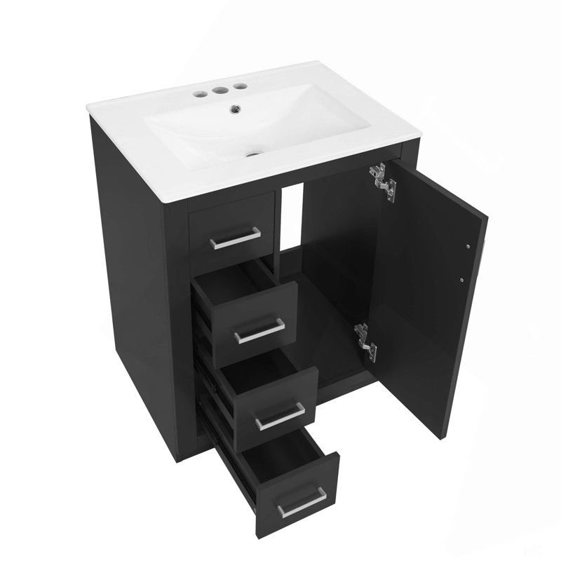 Meuble-lavabo 24 po avec lavabo intégré en céramique, meuble-lavabo à une porte, 3 tiroirs et meuble-lavabo simple pour petite et moyenne salle de bain