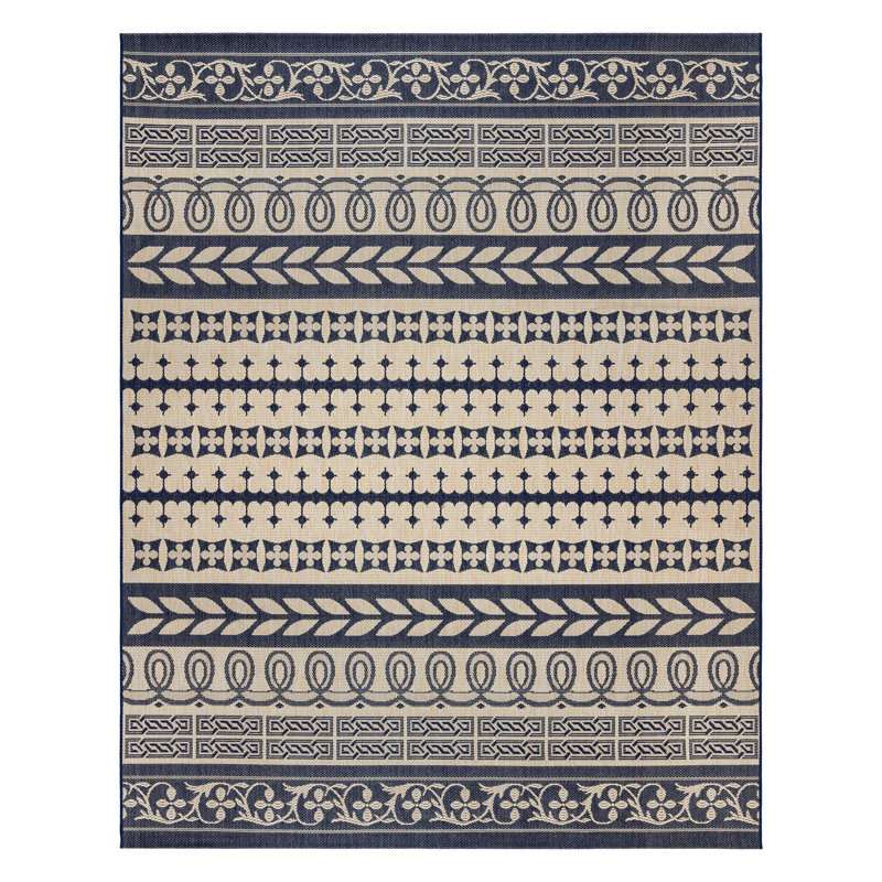 Paseo Astrid All-Weather Flatweave Indoor/Outdoor Area Rug, Navy Blue Bohemian Striped – Patio, Deck, Porch & Living Room - Navy, 5x7