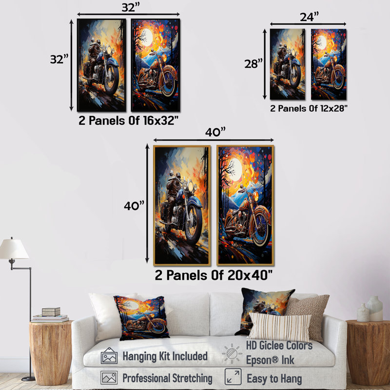 Fantasy Moto Odyssey - ensemble de 2 décorations murales de moto, Cadre blanc, H 40 po x l 41 po