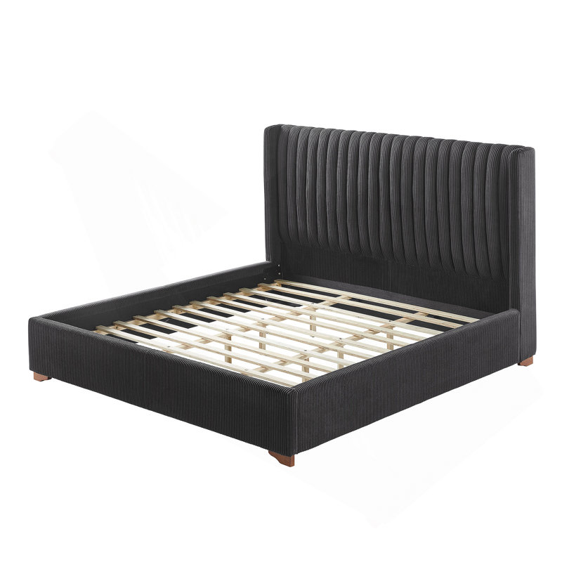 Modern Upholstered Platform Bed With Corduroy Wing Headboard, Black, King