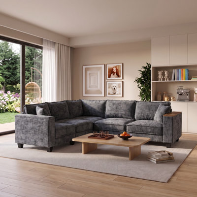 126" Chenille Upholstered L Shaped Sectional Couch, Convertible V Shaped Corner Couch with Storage Armrest & Pillows, Modern 5 Seat Solid Wood Frame Sectional Couches for Living Room, Grey