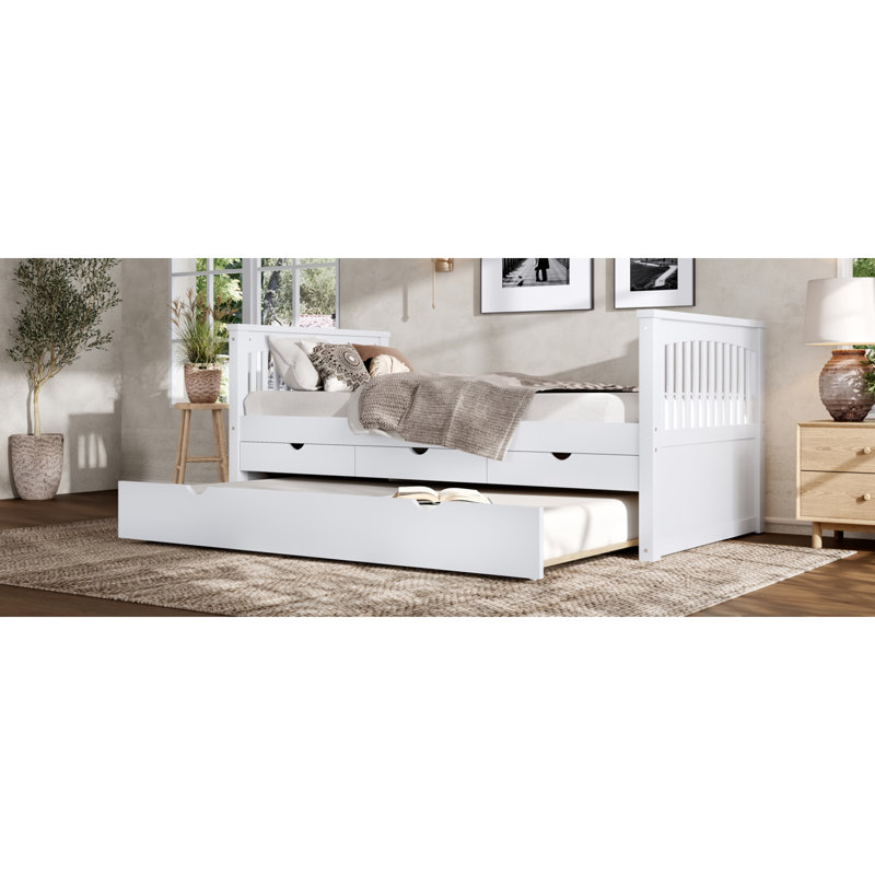 Lit plateforme simple avec tiroirs et lit gigogne, lit de jour en bois massif, sans sommier, blanc, Blanc cassé