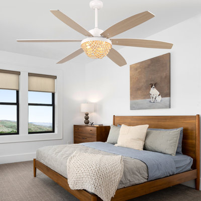 65" Bohemia Large Wood Ceiling Fan with Light and Remote Control 6-speed Reversible DC Motor for Living Room