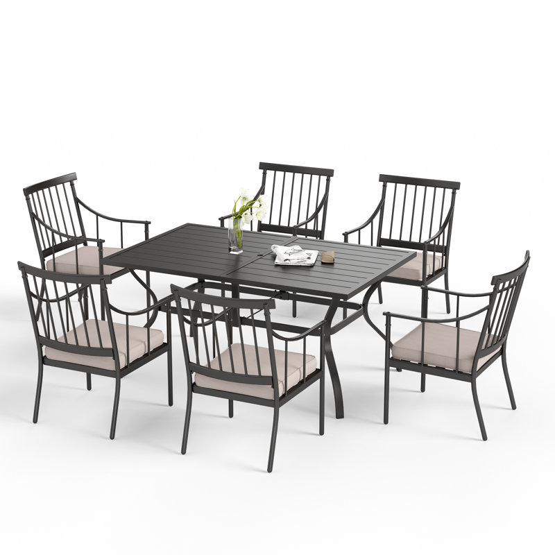 Ensemble repas pour 6 personnes avec table rectangulaire en métal, coussins inclus