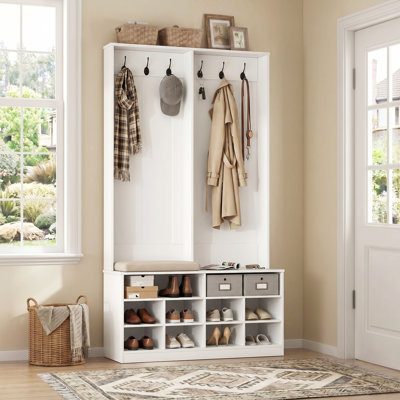 39.4" W Hall Tree with Bench and Shoe Storage, Modern Multiple Functions Hallway Coat Rack with 10 Shoe Cubbies for Entryway, Foyer, and Stairway
