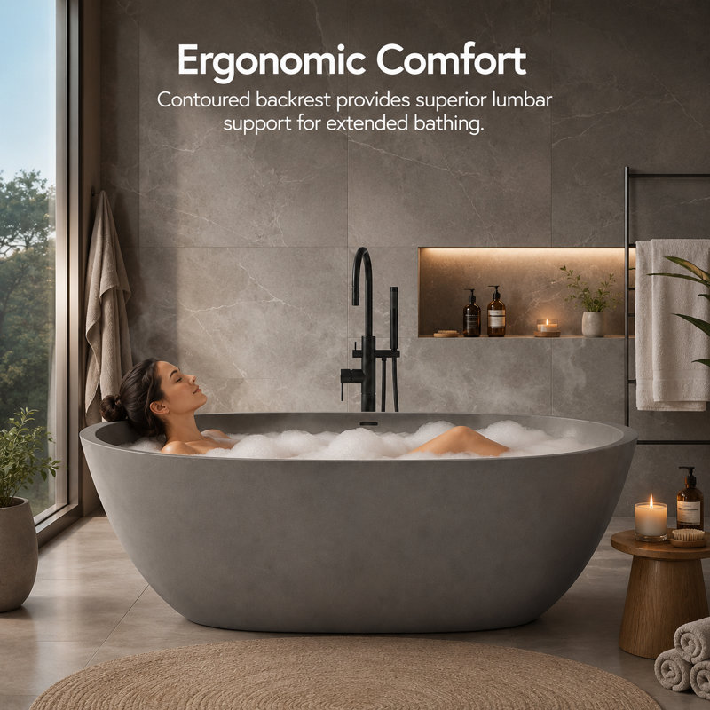 75" x 40" Freestanding Soaking Cement Bathtub, Gray 