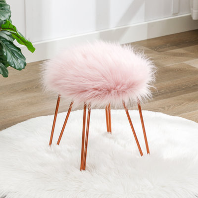 Repose-pieds rond en fausse fourrure de 13,5 po de largeur avec pieds en épingle à cheveux en or rose pour meuble-lavabo ou chambre à coucher