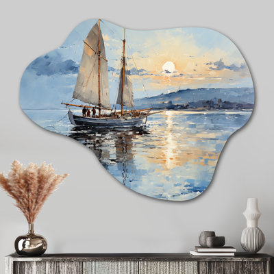 Boat Sailing Reflections I - Cloud Coastal Boat Metal Wall Art, Asymmetrical Metal Wall Sculpture Print