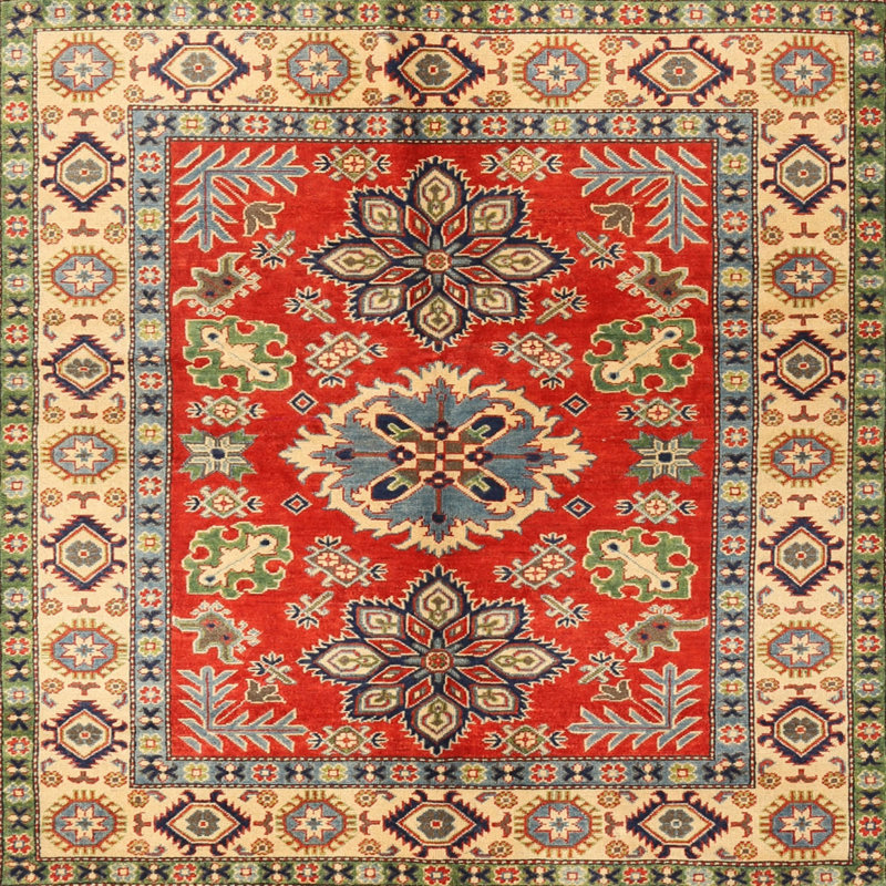 Tapis traditionnel rouge / bleu / beige Bowgen, Carré 4 pi