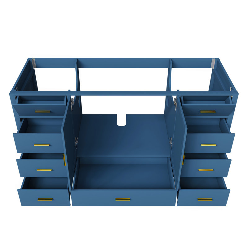 Base de meuble-lavabo 60 po avec 2 portes doubles à fermeture douce, 1 grand tiroir, 6 petits tiroirs et 2 petits compartiments de rangement rabattables (bleu)