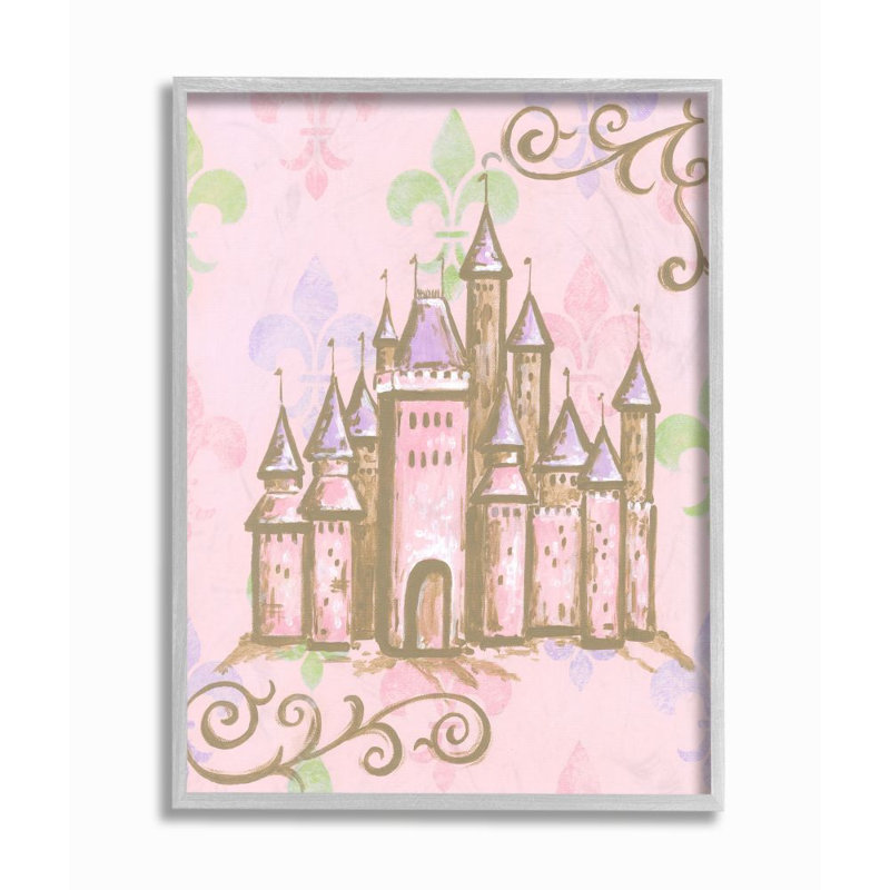 Château avec fleur de lis sur fond rose, Estampe numérique Farmhouse, H 20 po x l 16 po