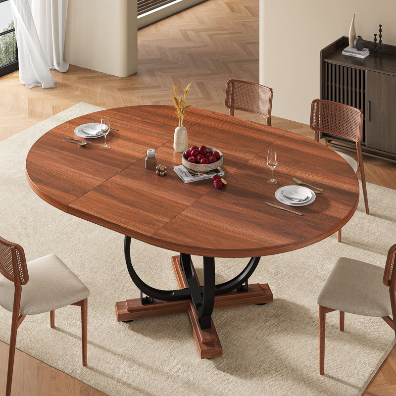 59”extendable Round Dining Table For 4-8 ,dining Room Table With X-shaped Heavy Duty Metal Base,thickened Mdf Board,modern Kitchen Dining Table,space Saving,walnut