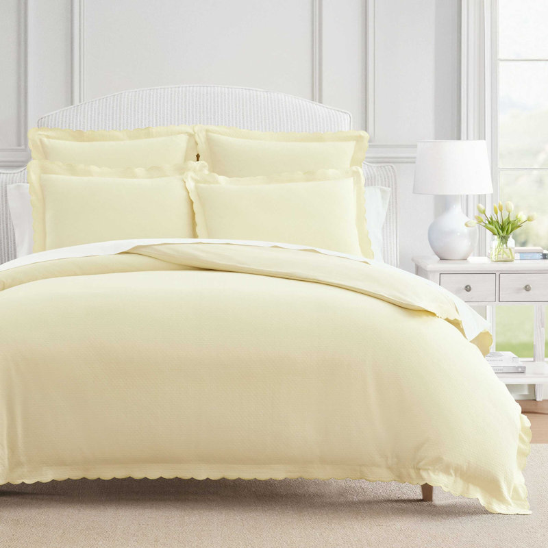 Martha Stewart Signature Scallop Solid Reversible Duvet Cover Set, Yellow, Queen Duvet Cover + 2 Standard Shams
