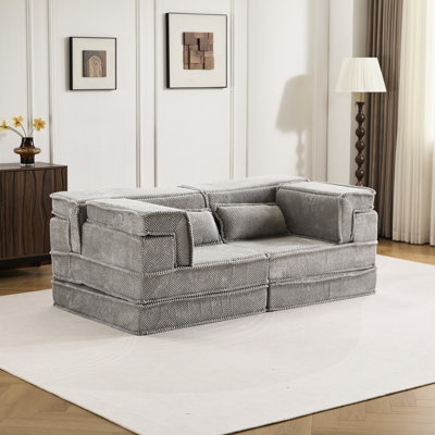 Canapé d'angle modulaire convertible Mahjong gris, revêtement polaire circulaire, mousse à mémoire de forme haute résilience, 2 places, sans assemblage, adaptable à différents espaces grâce à sa conception à compression, revêtement gris, densité