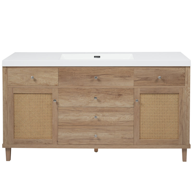 Meuble-lavabo de 60 po avec lavabo SMC, grande armoire de rangement moderne avec tiroirs à fermeture en douceur et portes en rotin, boutons en métal argenté et 5 pieds en pin, naturel