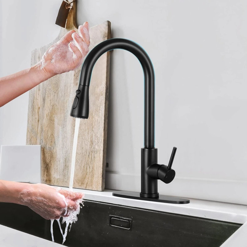 Robinet de cuisine noir avec douchette rétractable à poignée simple et robinet tactile avec surfaces tactiles en acier inoxydable