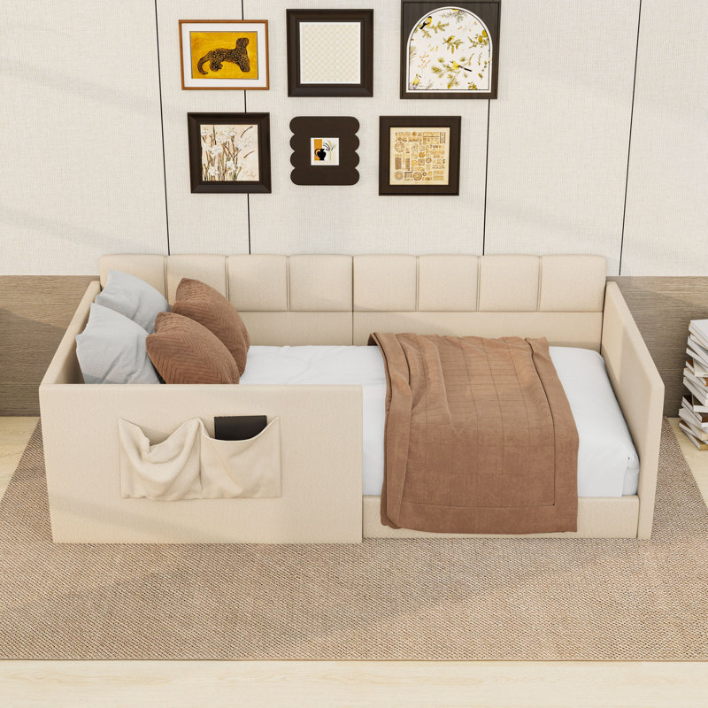Lit de jour en velours rembourré avec poches de rangement intégrées et lattes robustes, Lit simple, Beige