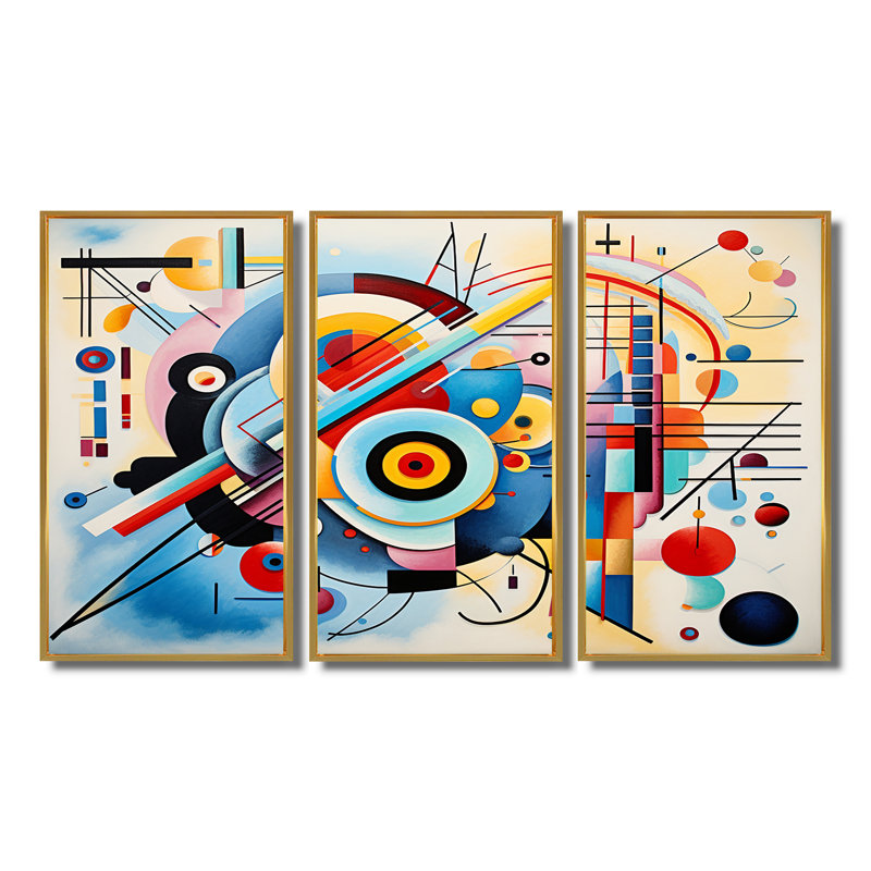 Ensemble de salon Mid-Century Symphony Blue Jazz II - art géométrique mural, Cadre flottant doré, H 32 po x l 48 po x P 1 po
