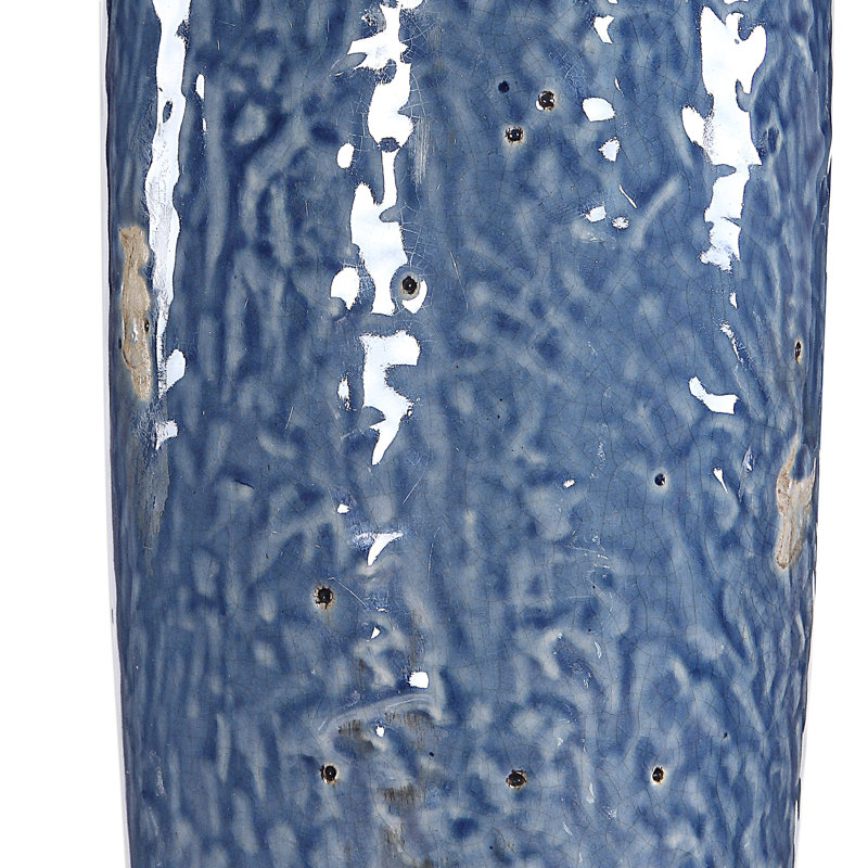 Tall Blue Textured Ceramic Table Lamp with Khaki Linen Shade