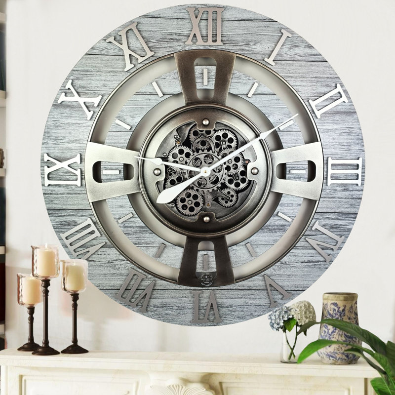 Wall Clock 24" Oversized for Living Room decor with Real Moving Gears England Collection, Silver Gray