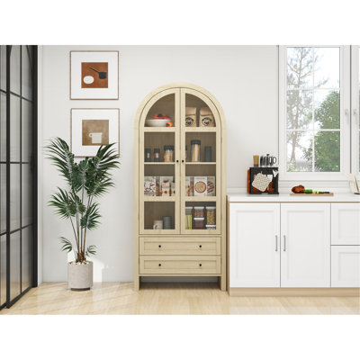 Grand garde-manger arqué, armoires de rangement en bois de style campagne moderne, armoire de rangement arquée avec tablettes réglables, armoire polyvalente pour la cuisine, la salle à manger et le salon