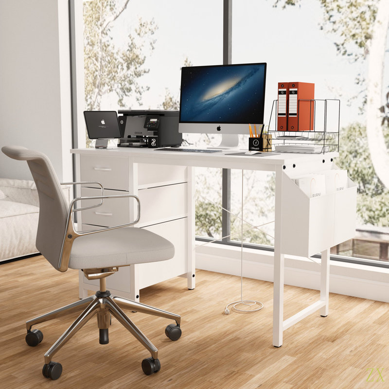 47.3"Office Desk With Power Outlet,3 Drawers,Side Pocket, Study Desk Easy To Assemble,Frame Stability Reversible For Home Desk, Company Computer Desk, Game Table,Vanity Table