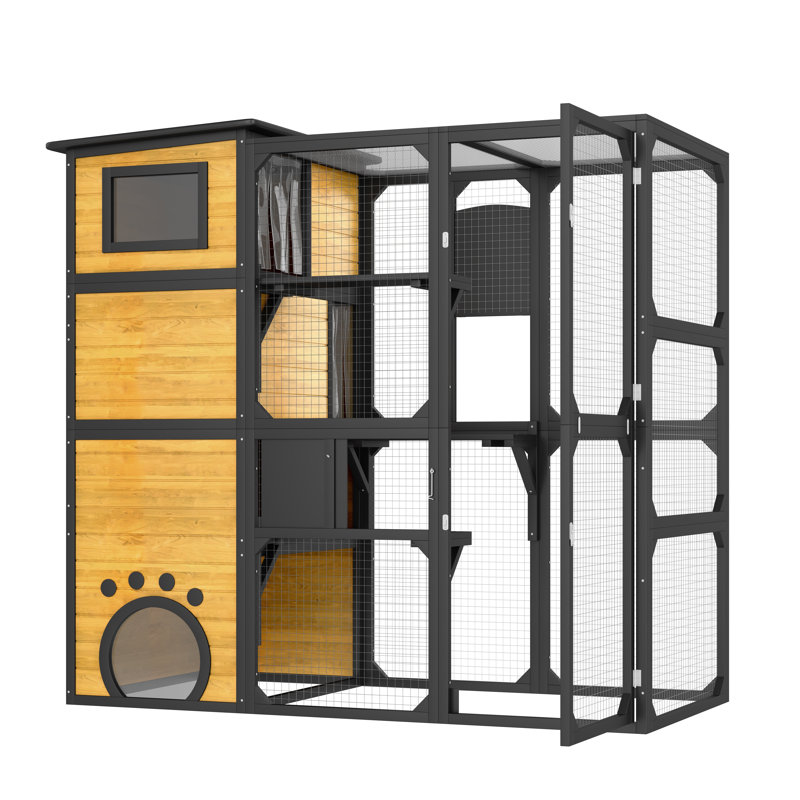 Grand Catio d'extérieur avec accès à la fenêtre - 4 niveaux pour chats, bois de pin résistant aux intempéries et filet métallique