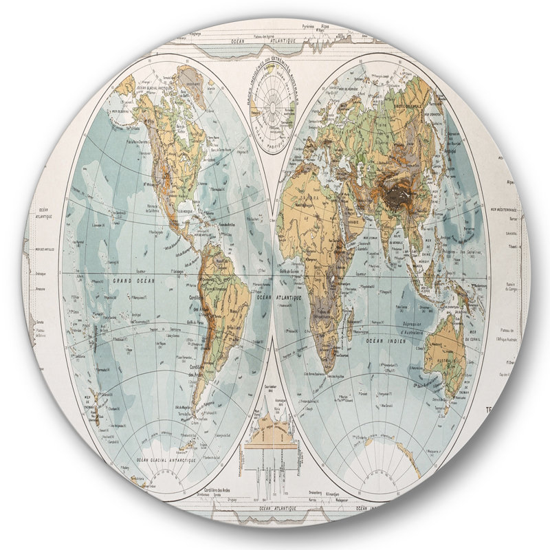 Ancienne carte du monde II - cercle rustique en métal, art mural, H 11 po x l 11 po x p 1 po