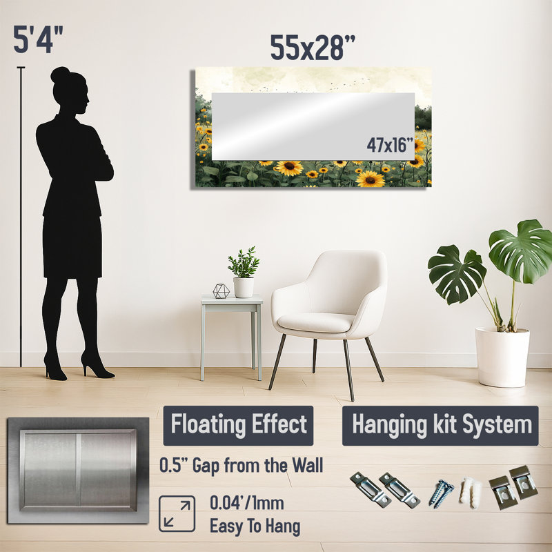 Sunflowers At The Edge Of The Farm II - Floral Accent Wall Mirror - Printed On Metal, 28" x 55"