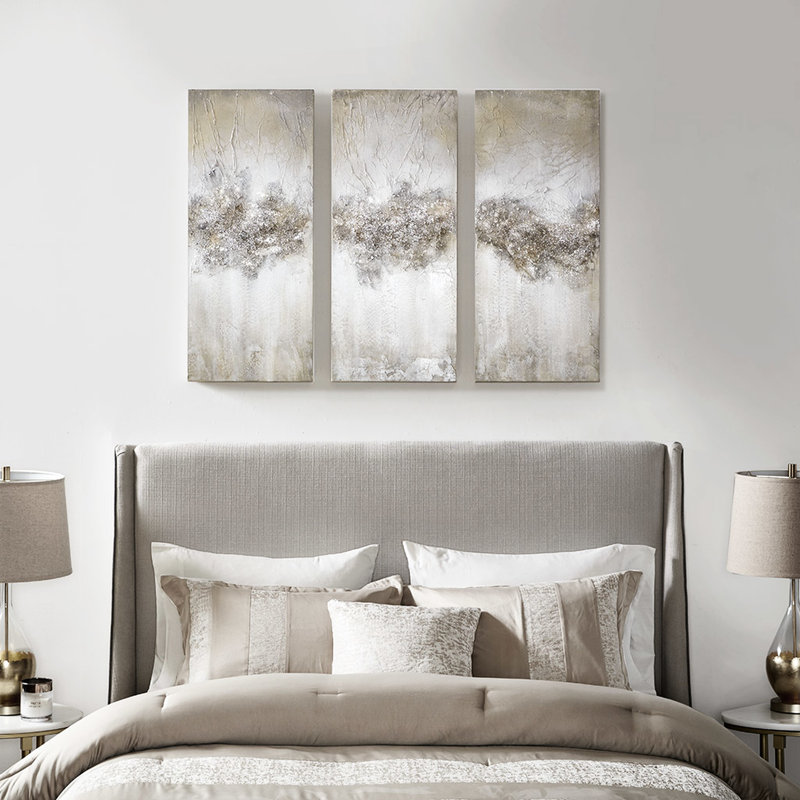 3 toiles murales de couleur taupe ornées de paillettes et de pierres naturelles pour créer un abat-jour abstrait et tactile