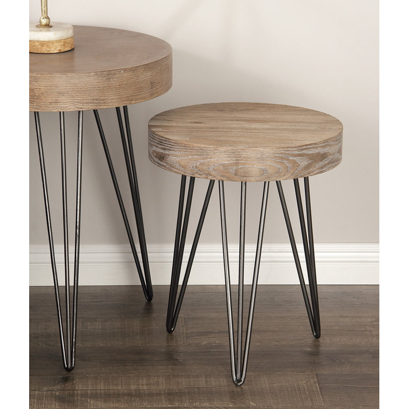 Clearfield Wooden Round Brown Side End Accent Table with Black Metal Hairpin Legs