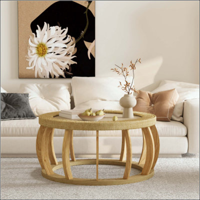 Vintage Rattan Solid Wood Round Coffee Table, Curved Legs Boho Accent Table For Dining Room, Kitchen And Living Room