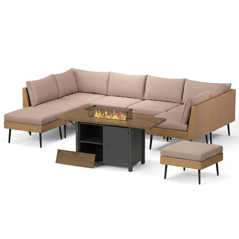 9-Piece Outdoor Premium Patio Wicker Sectional Seating Group With Cushions And Fire Pit Table, Beige