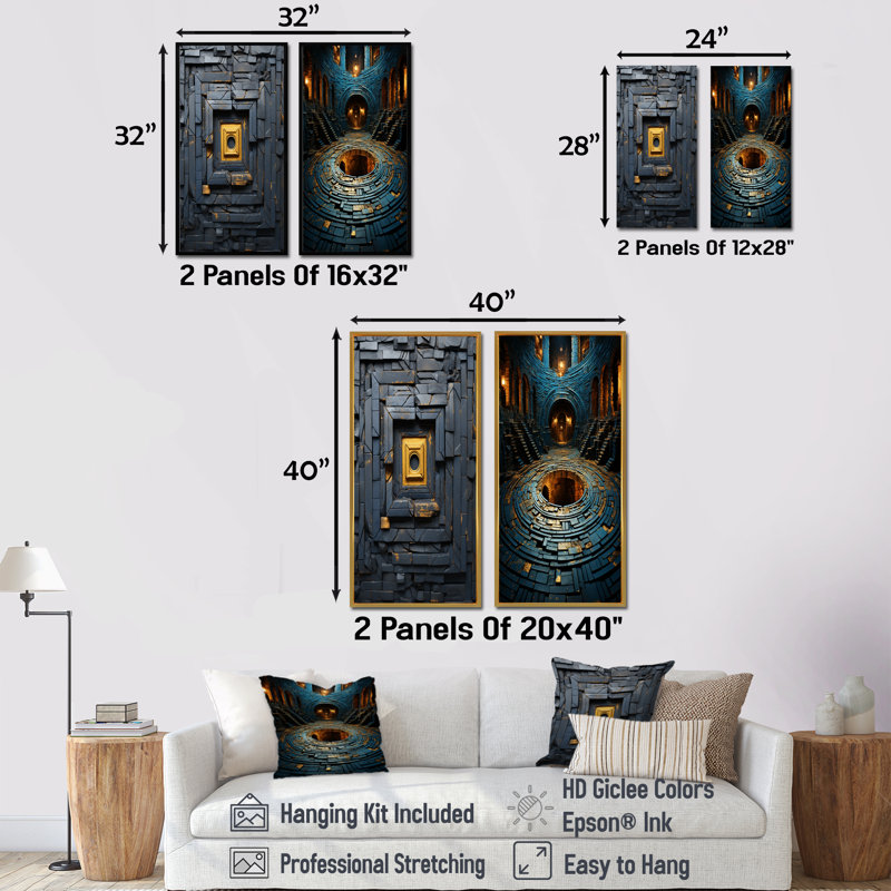 Ancienne pierre Maya Labyrinth II - ensemble de 2 reproductions d'art sur toile abstraites, Cadre flottant noir