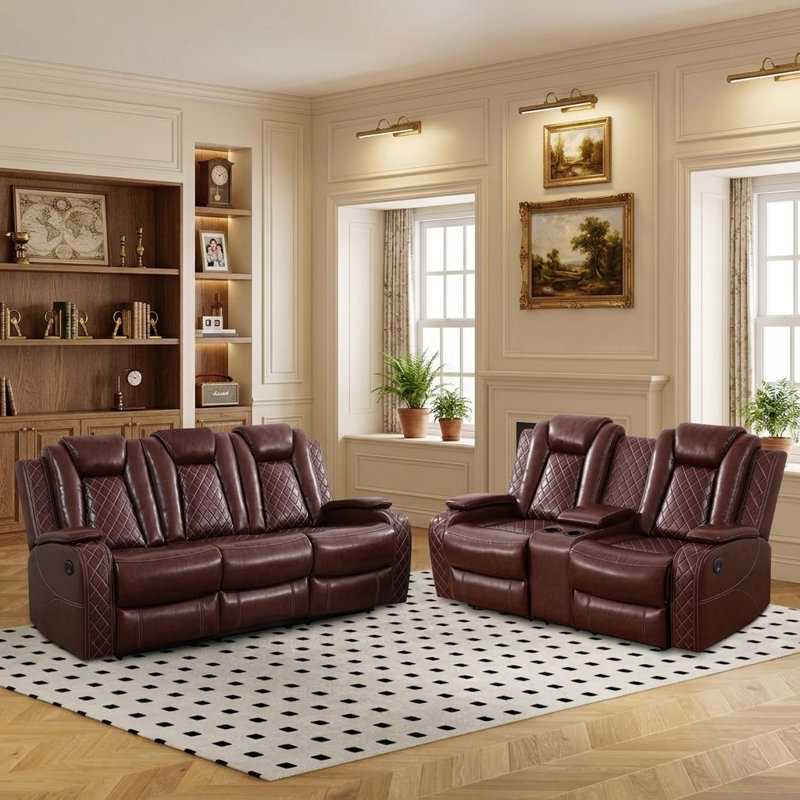 Ensemble de 2 fauteuils inclinables en cuir végétalien respirant avec console centrale, USB, éclairage DEL, station de recharge sans fil (ensemble de 2)